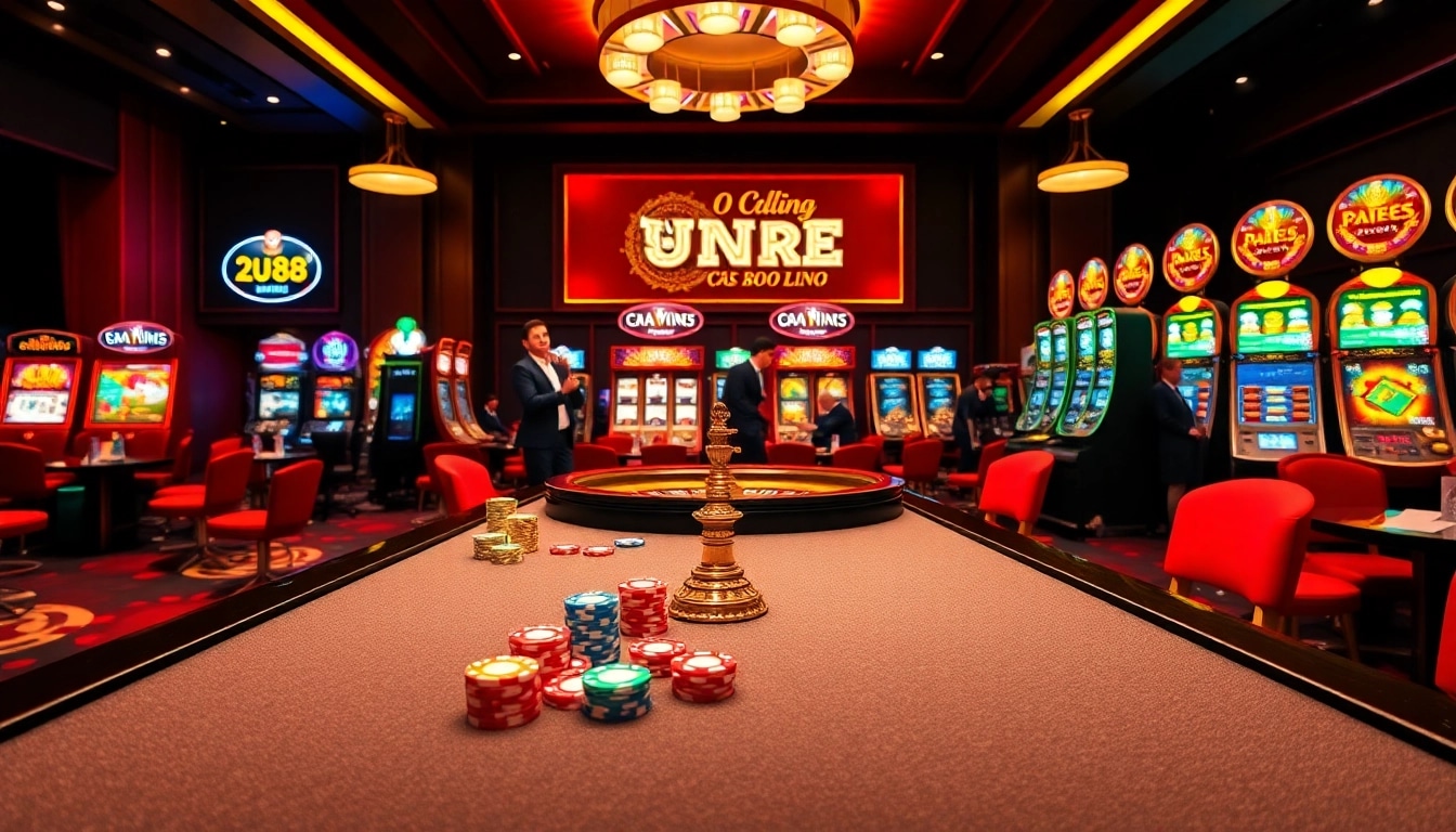 Exciting casino ambiance at UU88 with engaged players at a roulette table and vibrant slot machines.