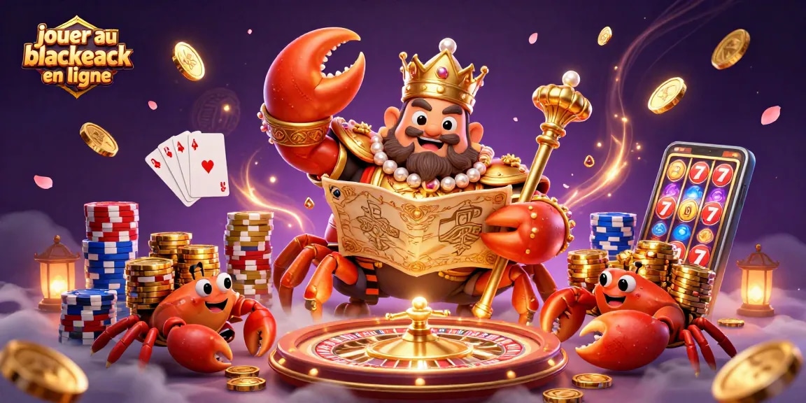 Jouez au blackjack en ligne avec le roi crabe doré et des pièces d'or tombant autour.