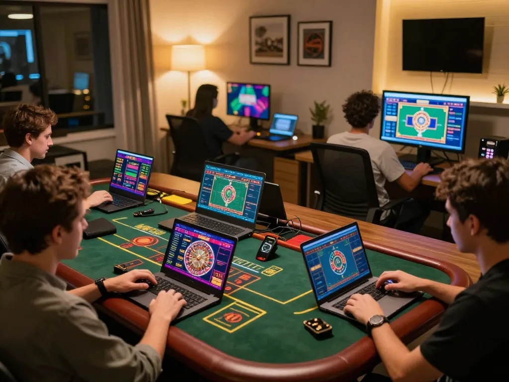 Players engaging in live dealer roulette using sunwinapk in a cozy home gaming setup.