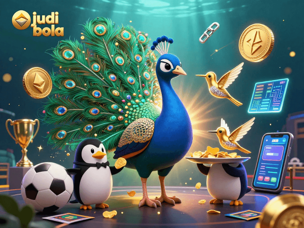 Bet on judi bola with vibrant peacock and sports elements highlighting a fun casino experience.