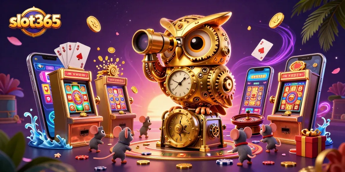 Experience slot365 with a golden owl scanning a vibrant casino scene filled with games and rewards.
