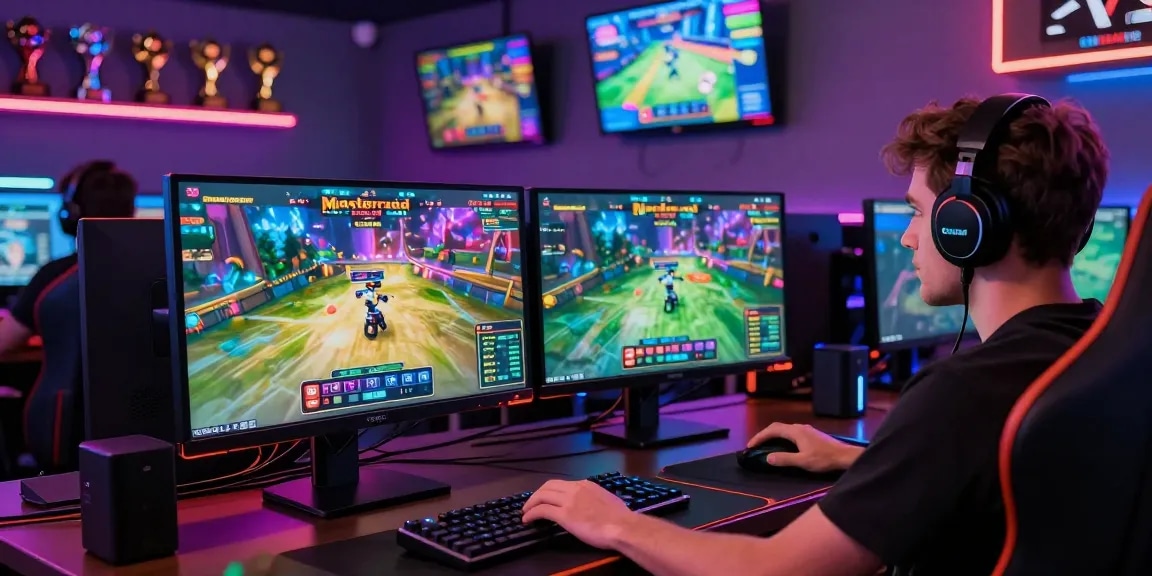 Exciting gaming setup featuring popular mastercard casino sites with monitors displaying vibrant gameplay.