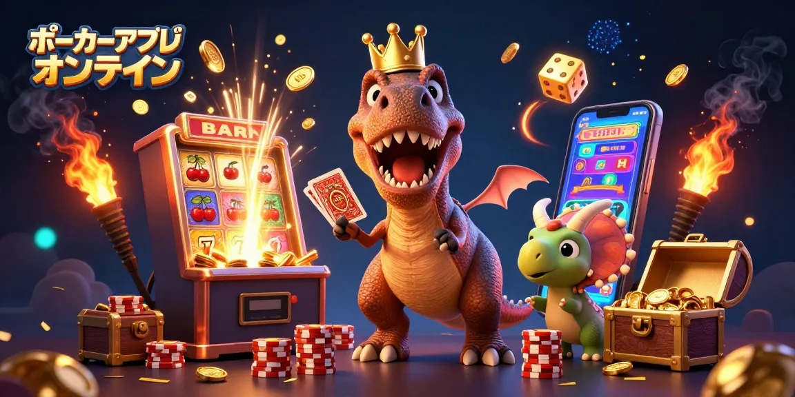 ポーカーアプリ オンラインの楽しいシーンを描いた 3D イラストで、ポーカーチップやスロットマシンが盛りだくさんの賑やかな環境。イラストに楽しむ場面を表現。