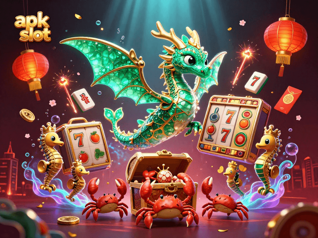 taruhan apk slot dalam ilustrasi menarik dengan naga laut dan simbol keberuntungan