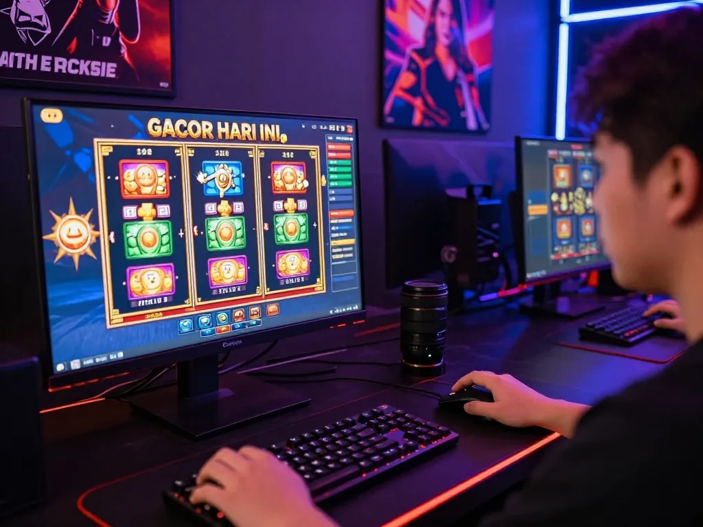 Pemain menikmati slot gacor hari ini di ruang permainan yang bernuansa cerah dengan lampu neon dan visual yang menarik.