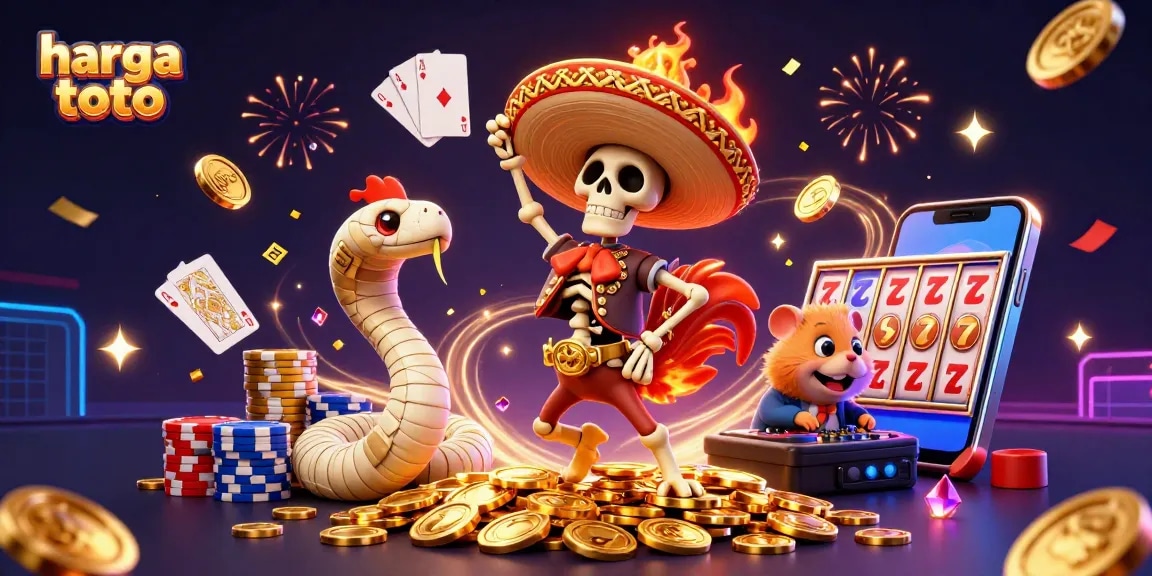Experience the excitement of harga toto with a vibrant 3D casino celebration featuring animated characters and gambling elements.