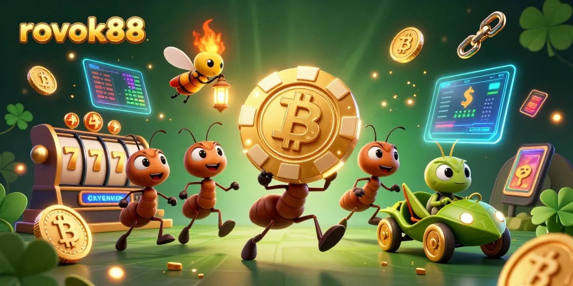 Experience the thrill of rokok88 with animated ants heisting a gigantic poker chip amidst vibrant casino elements.