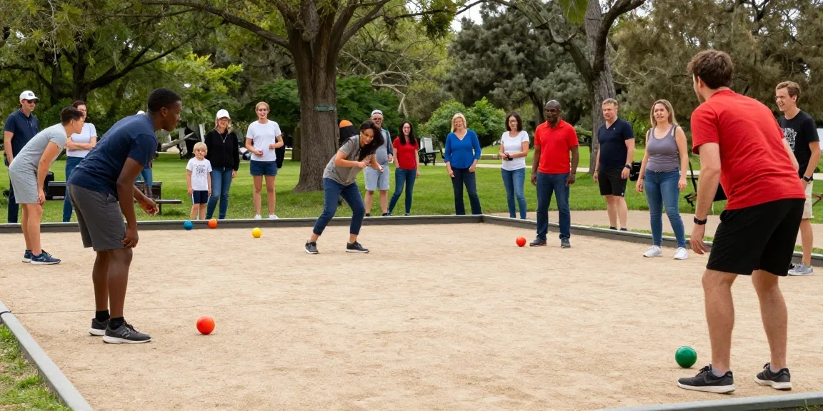 Aktivitas olahraga petanque di fopikotaparepare.org, komunitas bersenang-senang di taman dengan bola petanque yang ceria.