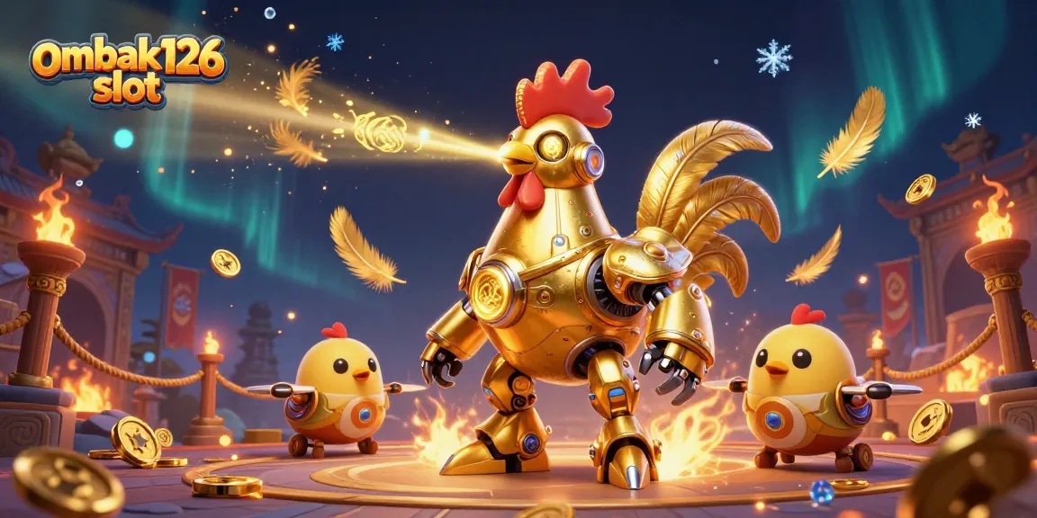 Engage with ombak126 slot in an ultra-detailed 3D scene featuring a futuristic rooster robot and baby chick drones.