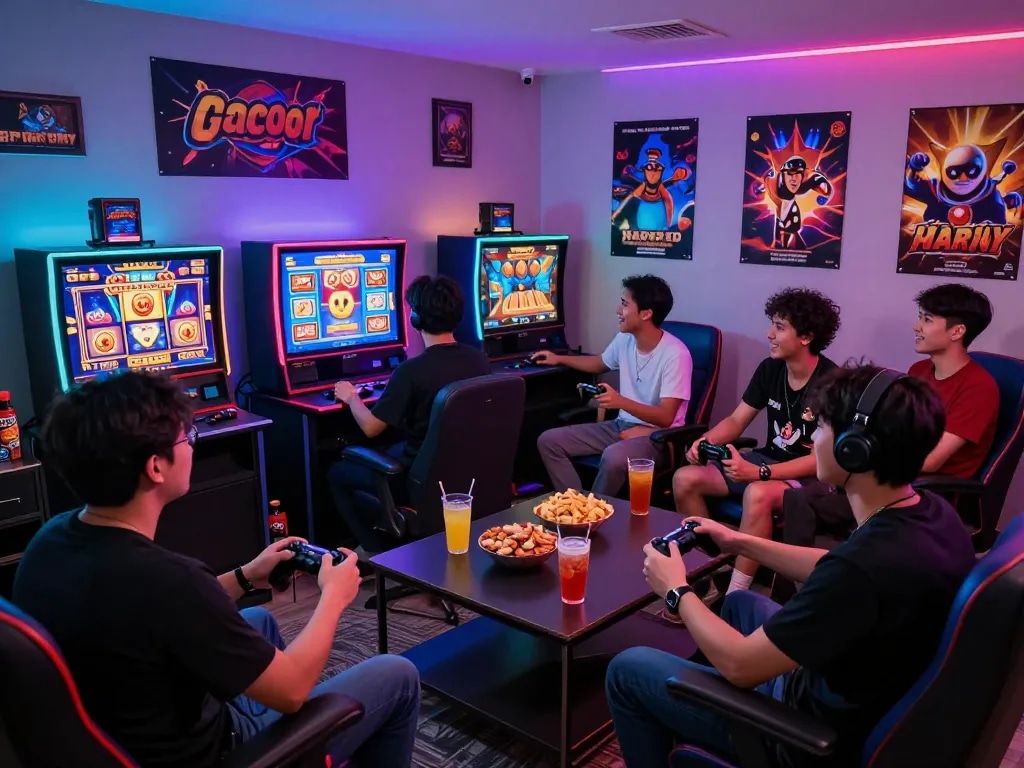 Friends enjoying a lively gaming session with slot gacor hari ini on screen, colorful graphics, and snacks.