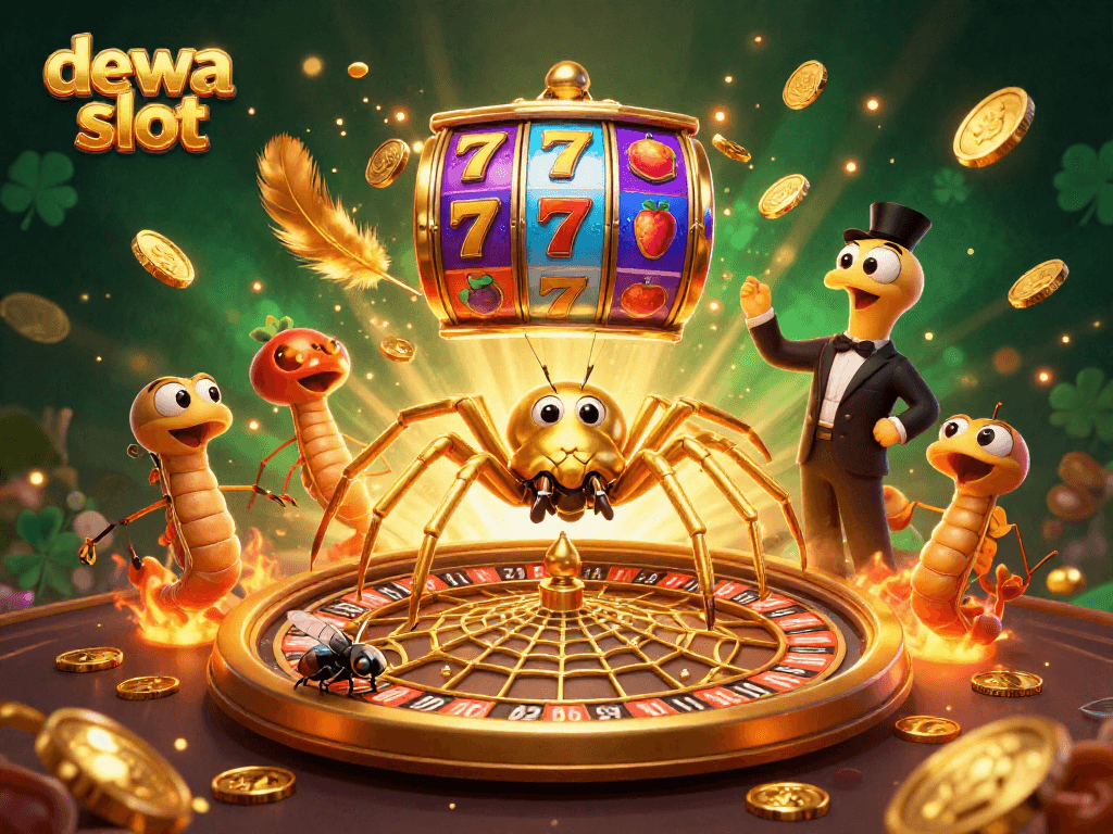 Menang di dewa slot dengan ilustrasi kasino yang menampilkan laba-laba emas dan berbagai simbol keberuntungan.