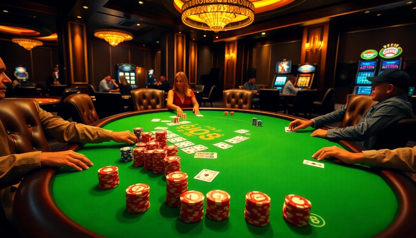 Players enjoy an exciting game at the GO8 poker table in a luxurious casino.