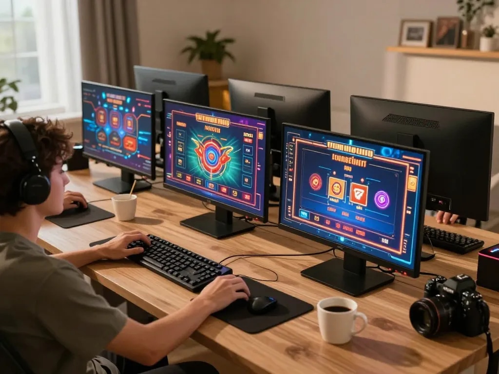 Engaging in เว็บสล็อตตรง online gaming strategy with multiple screens and coffee