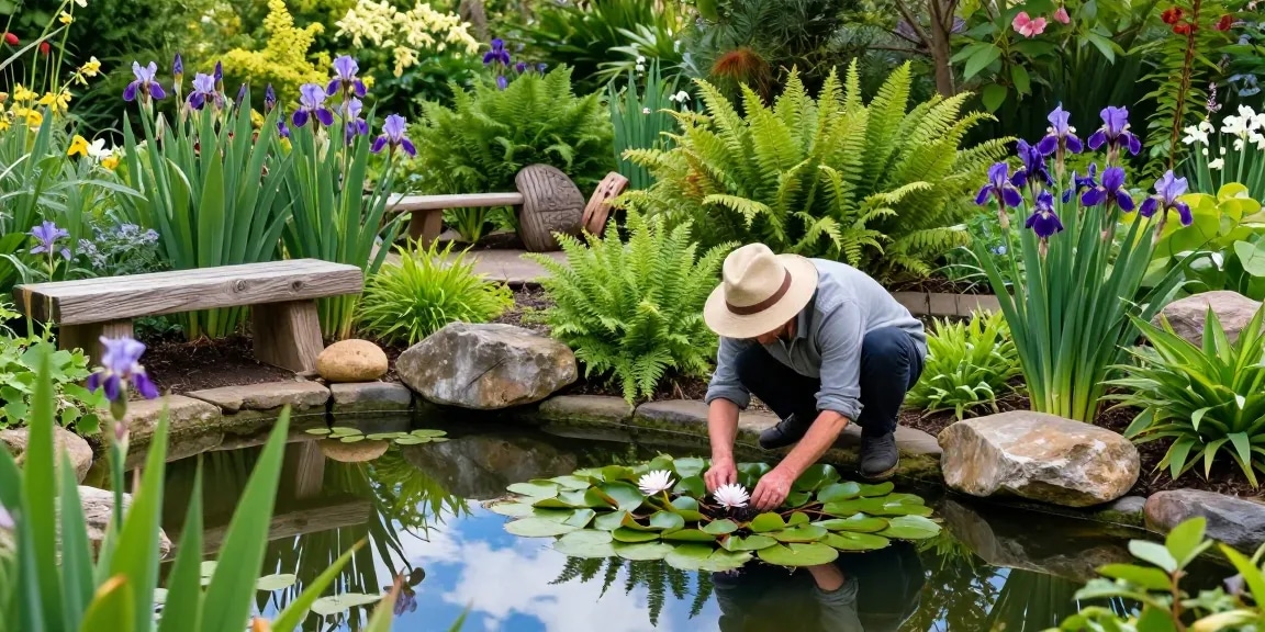 Gardener planting British pond plants in serene pond surrounded by greenery.