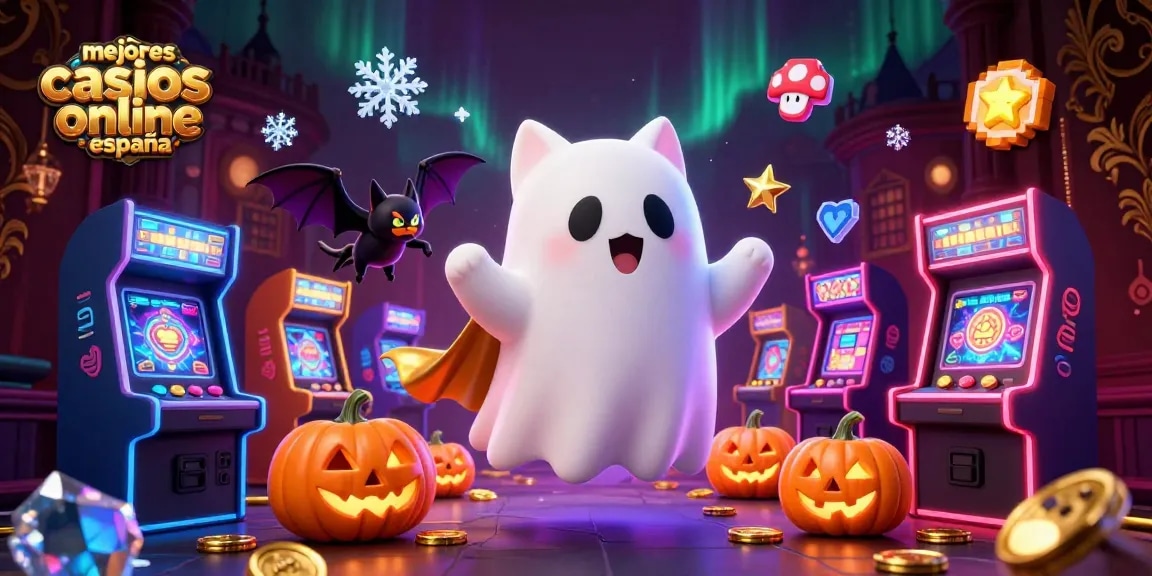 Ilustración 3D divertida de un gato fantasma y un murciélago en un casino, representando los mejores casinos online en España.