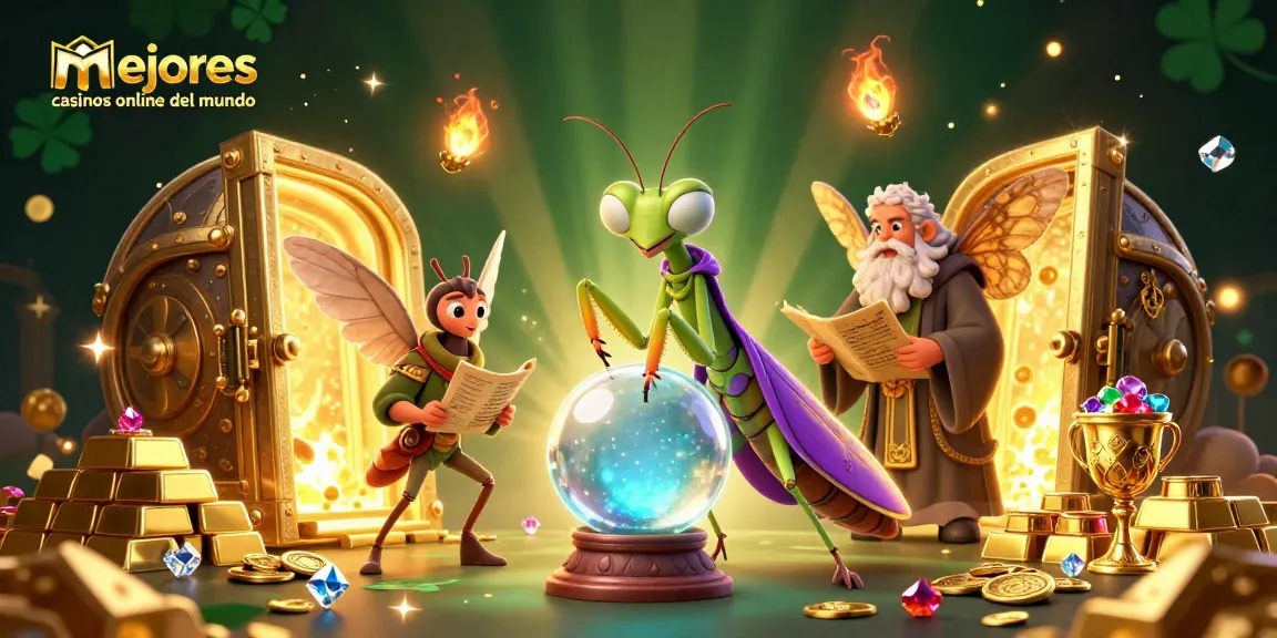 Ilustración de los mejores casinos online del mundo con un camaleón y una polilla mágica rodeada de tesoros.