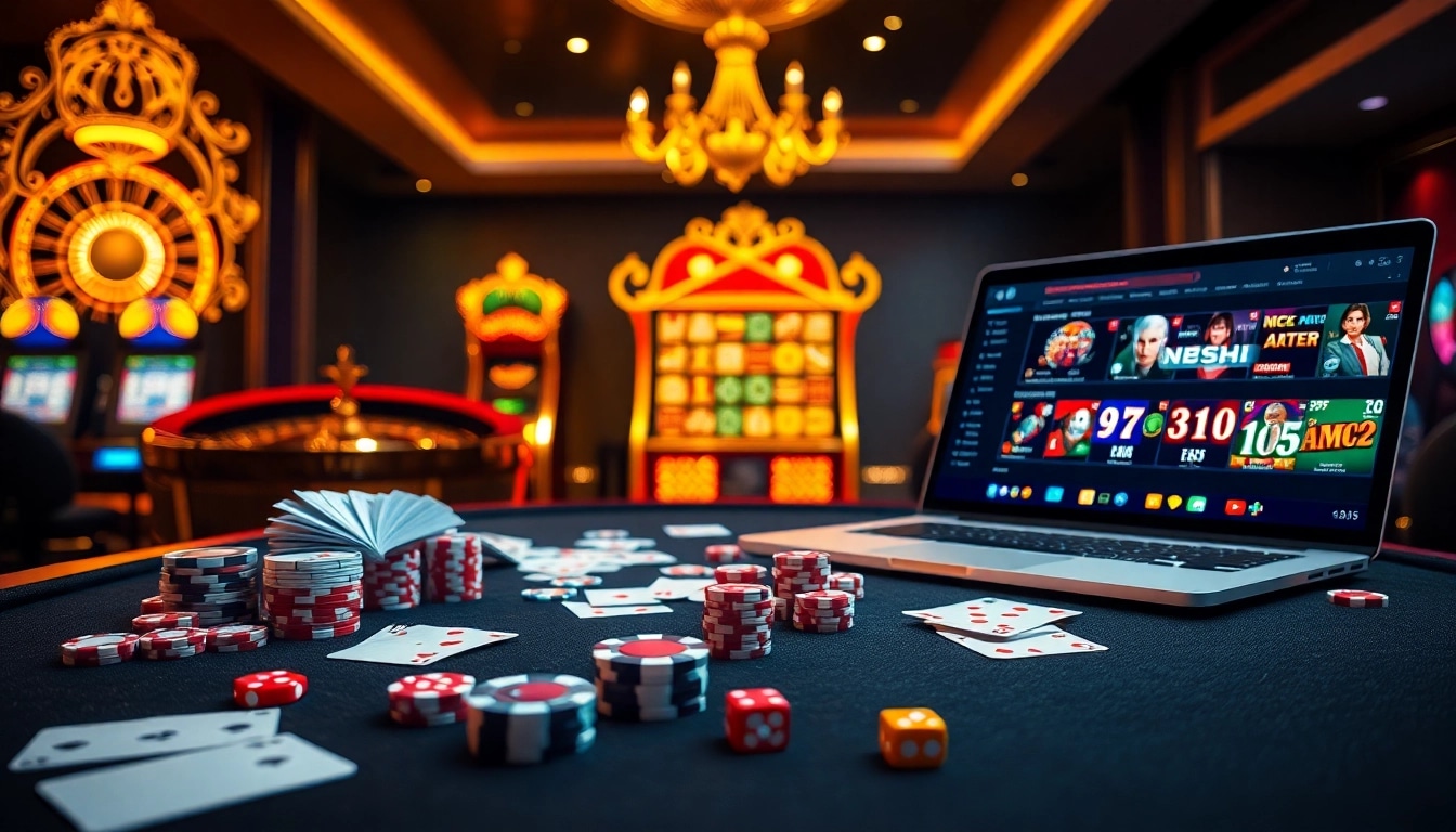 DOLA789 casino table with vibrant poker chips and playing cards in a luxurious setting.