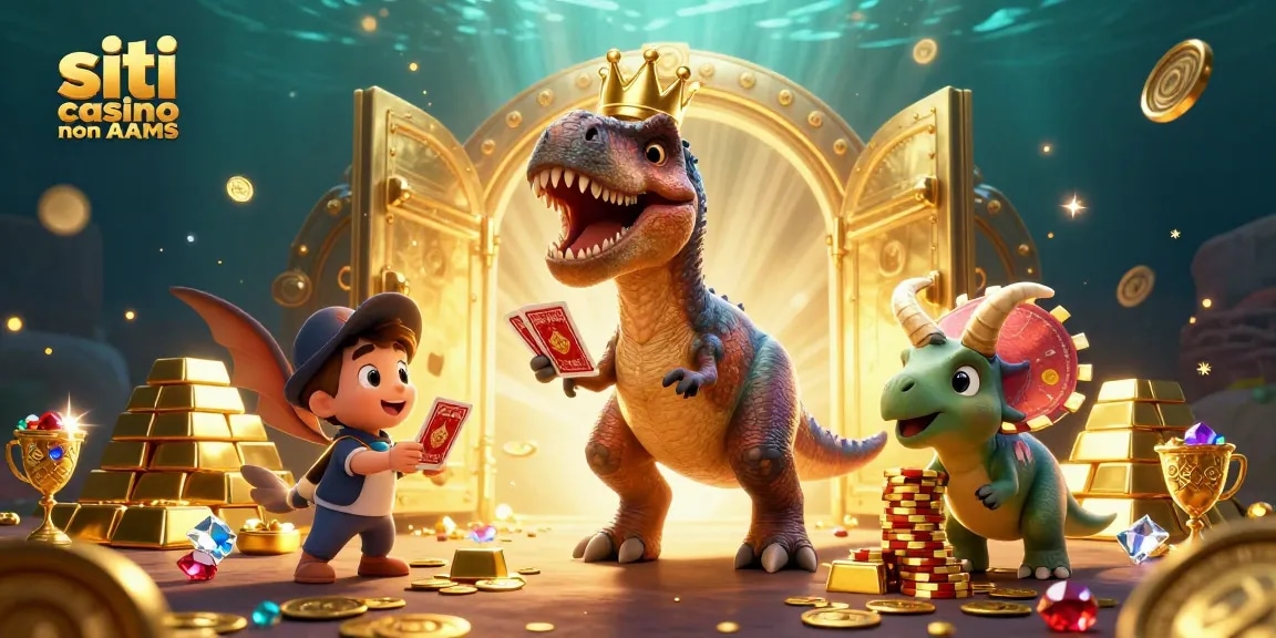 Giocatori in azione nei siti casino non AAMS, con un T-Rex amichevole e un pterodattilo, tra scintillanti tesori.