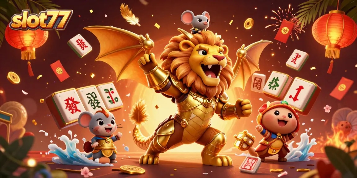 Engage with the vibrant slot77 scene featuring a golden chimera and dynamic slot elements.