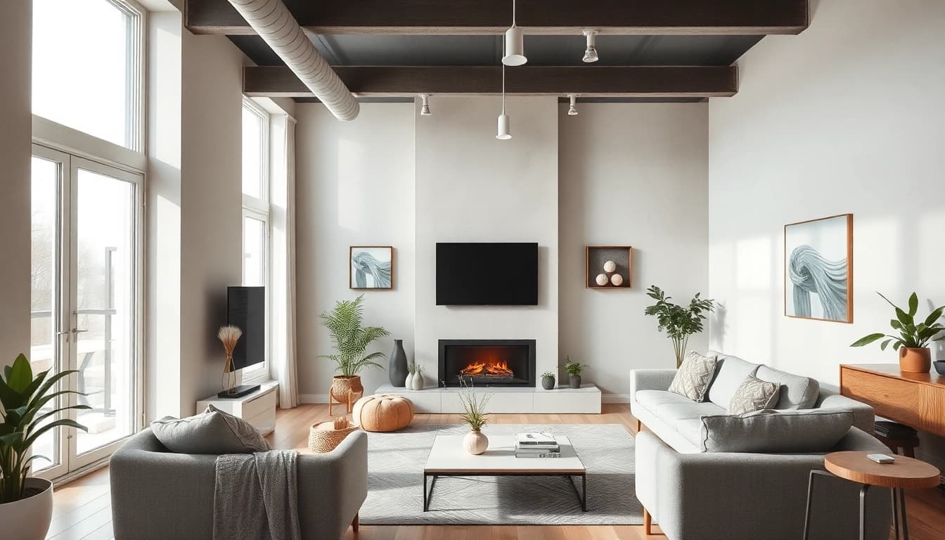 Heizkörper installation in a modern living room with elegant decor und warm lighting.