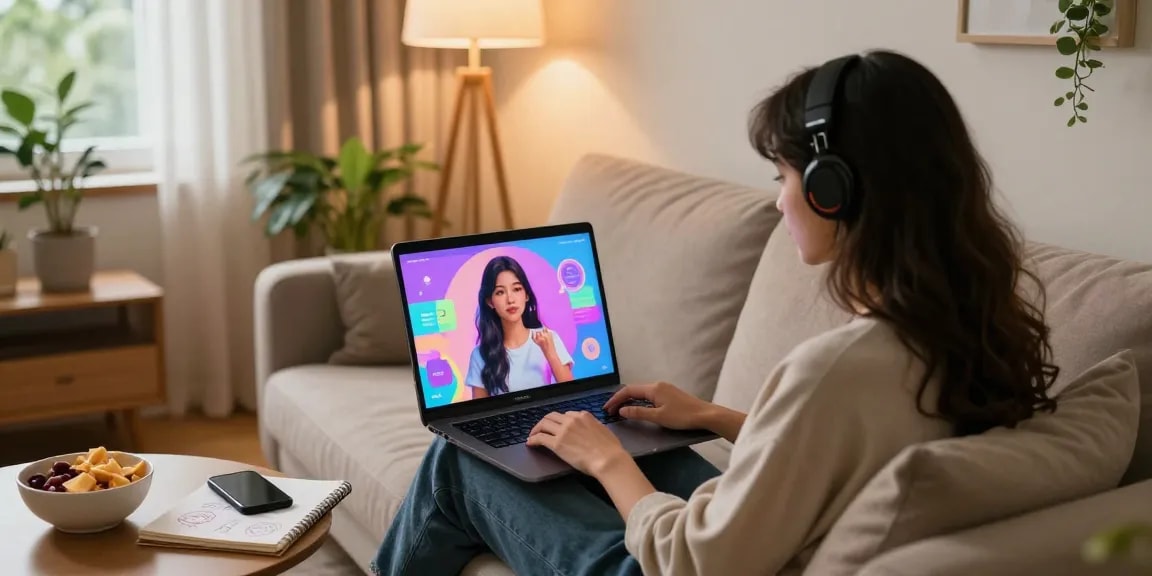 Engaging scene of a user interacting with an AI gf on a laptop, showcasing immersive virtual companionship.