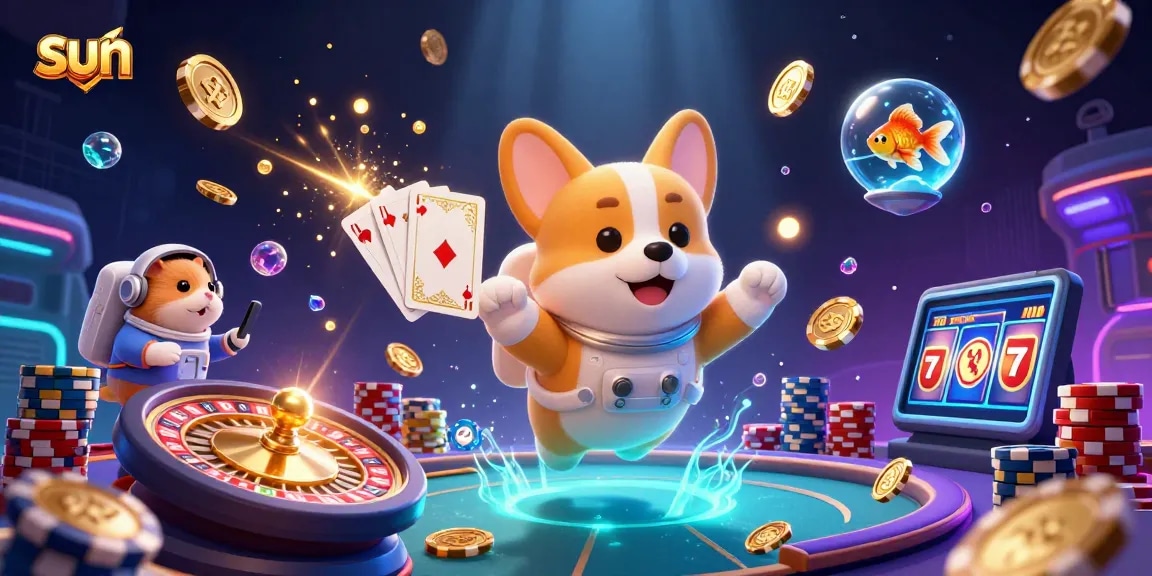 Engage with the sun-themed 3D casino scene showcasing games and fun dynamics.