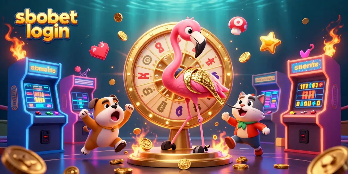 Experience sbobet login in a vibrant 3D cartoon casino scene filled with excitement and colorful game elements.