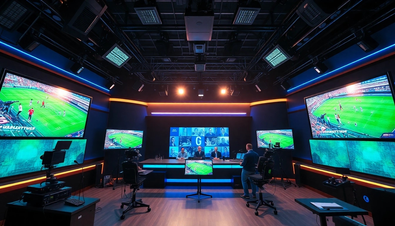 Capture of sports broadcasting studio showcasing live action and advanced technology.