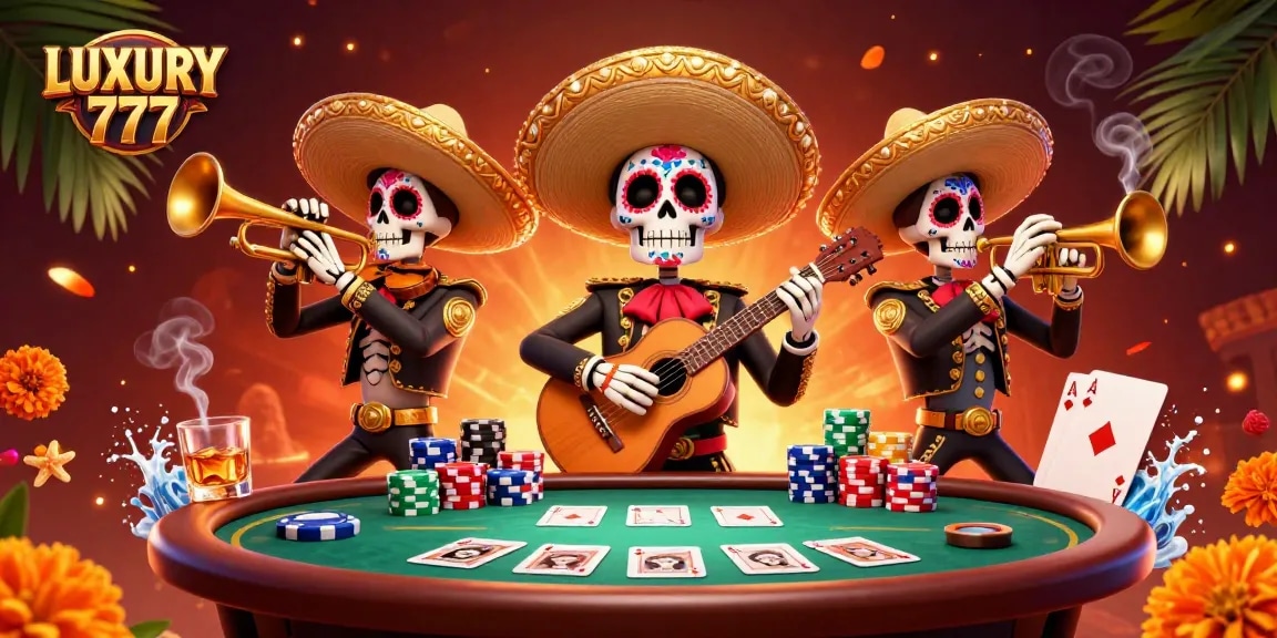 Memainkan LUXURY 777 dengan gambar ilustrasi 3D kasino, mariachi, dan elemen perjudian yang meriah
