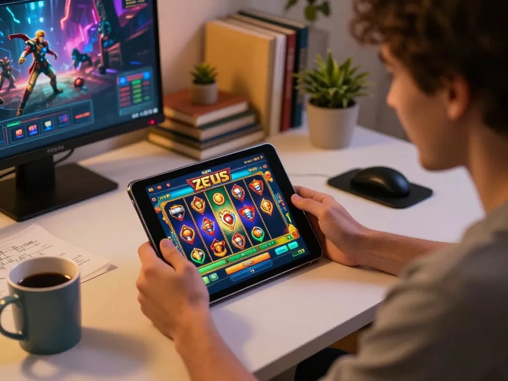 Pemain menikmati permainan mendebarkan di slot zeus dalam pengaturan rumah yang nyaman, menunjukkan kegembiraan dan strategi.