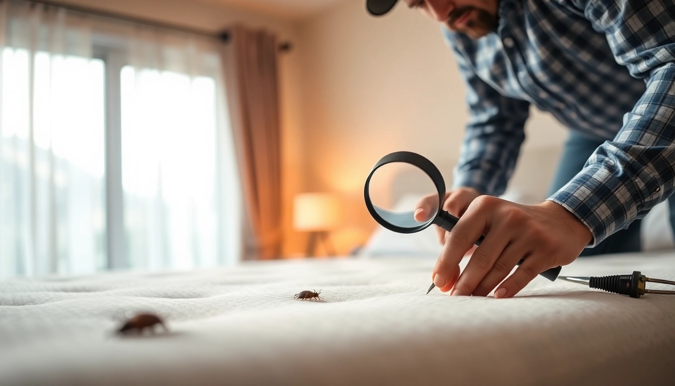 Engaging image of expert bed bug services near me focusing on inspection in a clean bedroom.