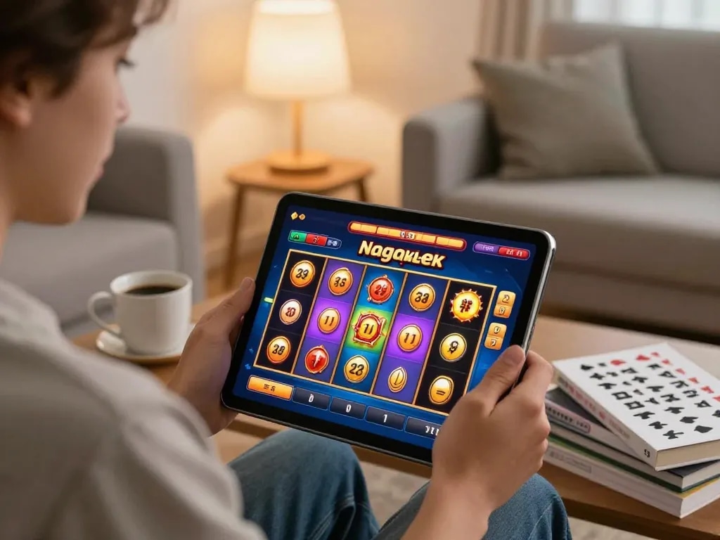Engage with nagapoker slot games using a tablet in a cozy gaming setup, showcasing colorful reels and bonuses.