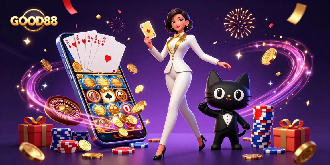 Engage with GOOD88's vibrant casino scene featuring a glamorous dealer and exciting games.