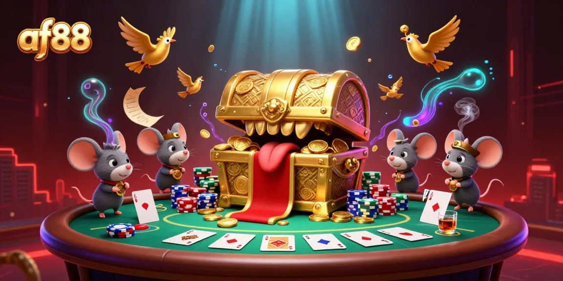 Engage in thrilling gaming with af88's vibrant 3D casino scene featuring a treasure chest and poker elements.