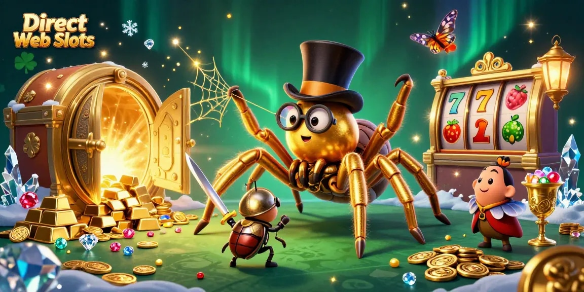 Engage in Direct Web Slots with a vibrant scene featuring golden tarantula weaving and beetle knight facing treasure.