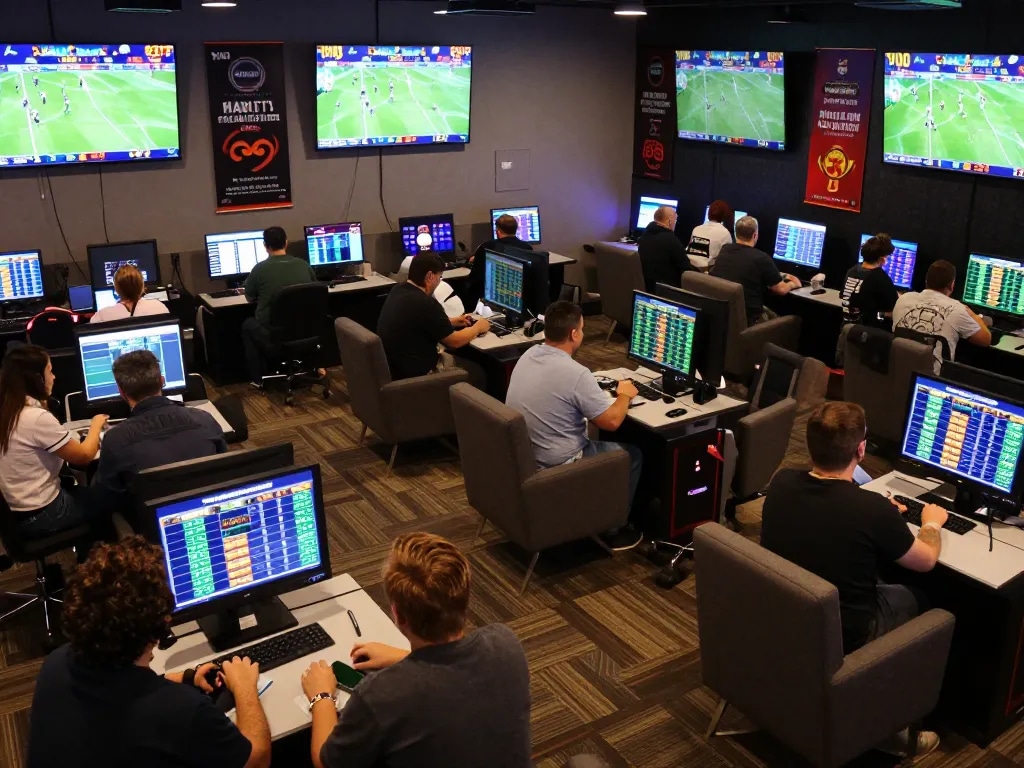 Exciting betting atmosphere at https://nddo.org with bettors analyzing live sports matches on screens and engaging in discussions.