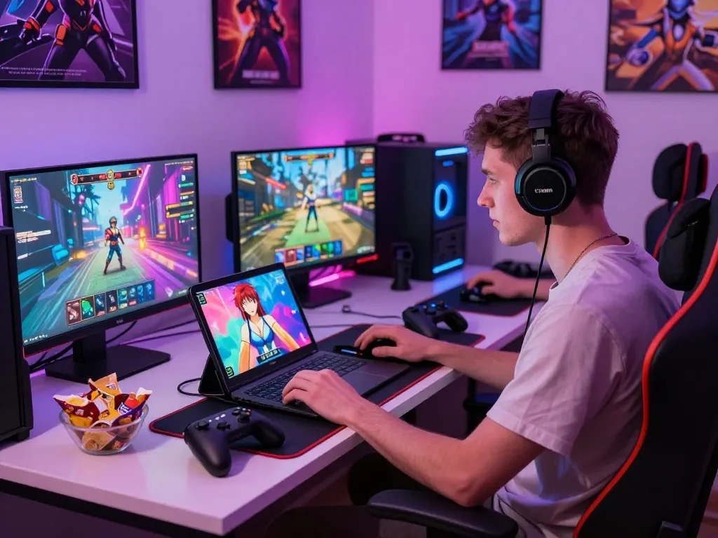 Engaged adult gamer playing online porn games on multiple devices in a modern lounge.
