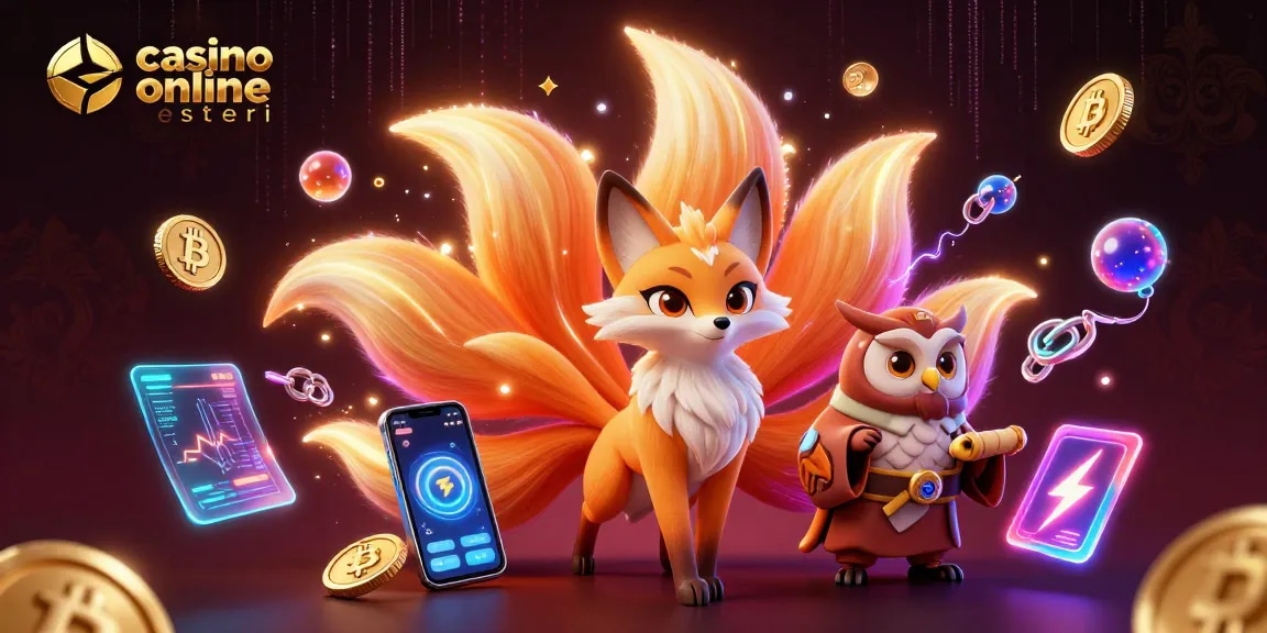 Giocare ai casinò online esteri con una volpe magica e un gufo saggio tra monete di bitcoin.