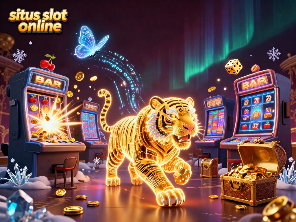Bermain di situs slot online dengan jackpot yang melimpah, dikelilingi simbol slot energik.