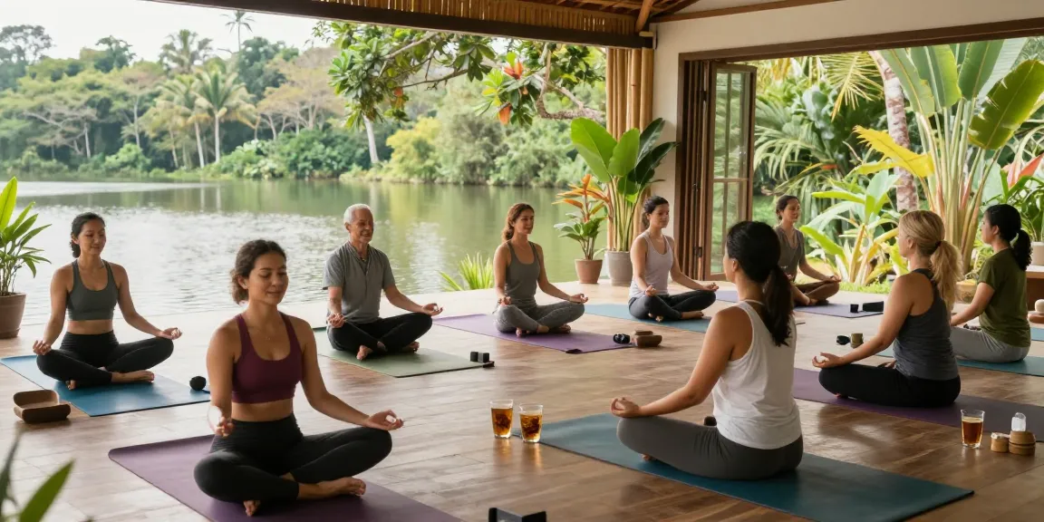 Yoga practitioners at Lanka Yoga retreat enjoying a peaceful session by the lake surrounded by nature.