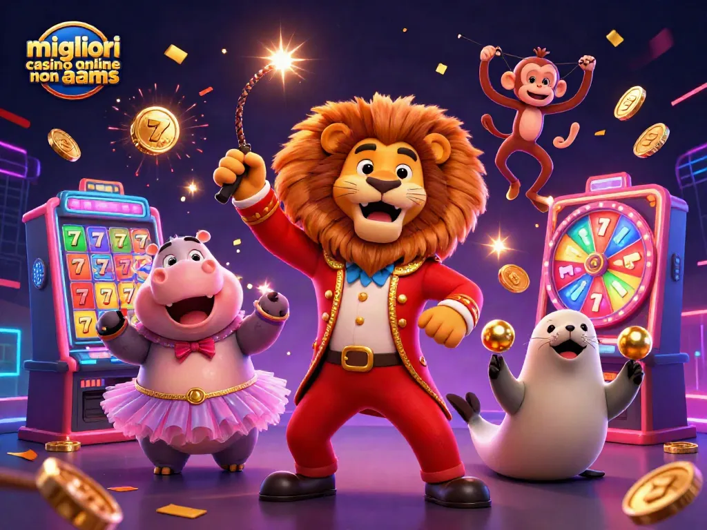 Visualizza i migliori casinò online non AAMS con un leone direttore di circo in un'illustrazione vivace.
