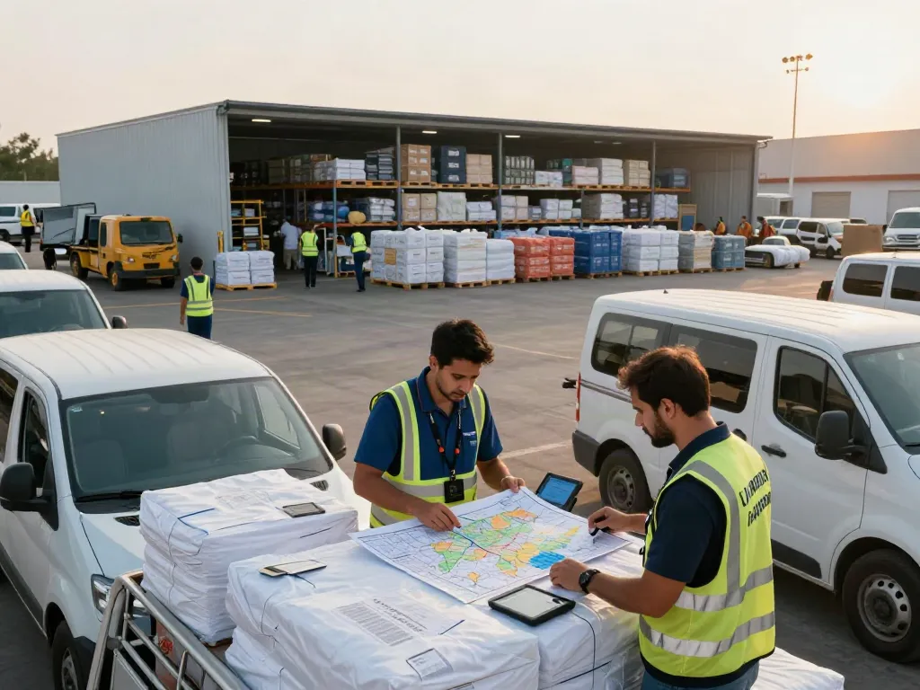 Humanitäre Hilfstransporte koordinieren in einem belebten Transportzentrum mit Logistikteams und Hilfsgütern.