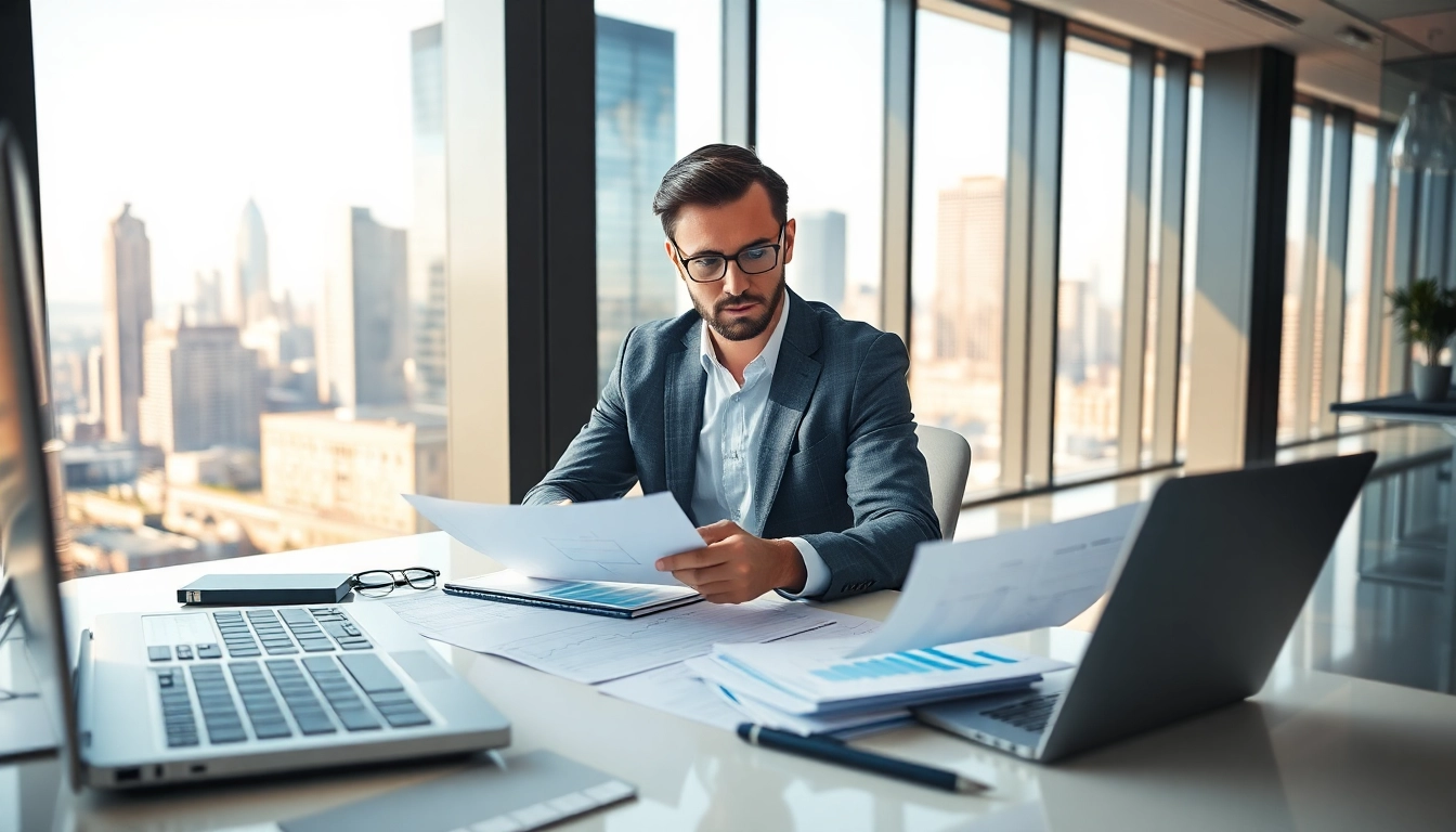 Analyze real estate finance strategies in a modern office environment.