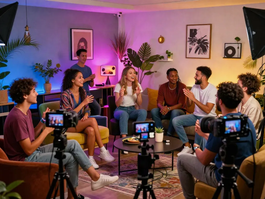 Dynamic live porn scene with diverse performers in an inviting, vibrant setting
