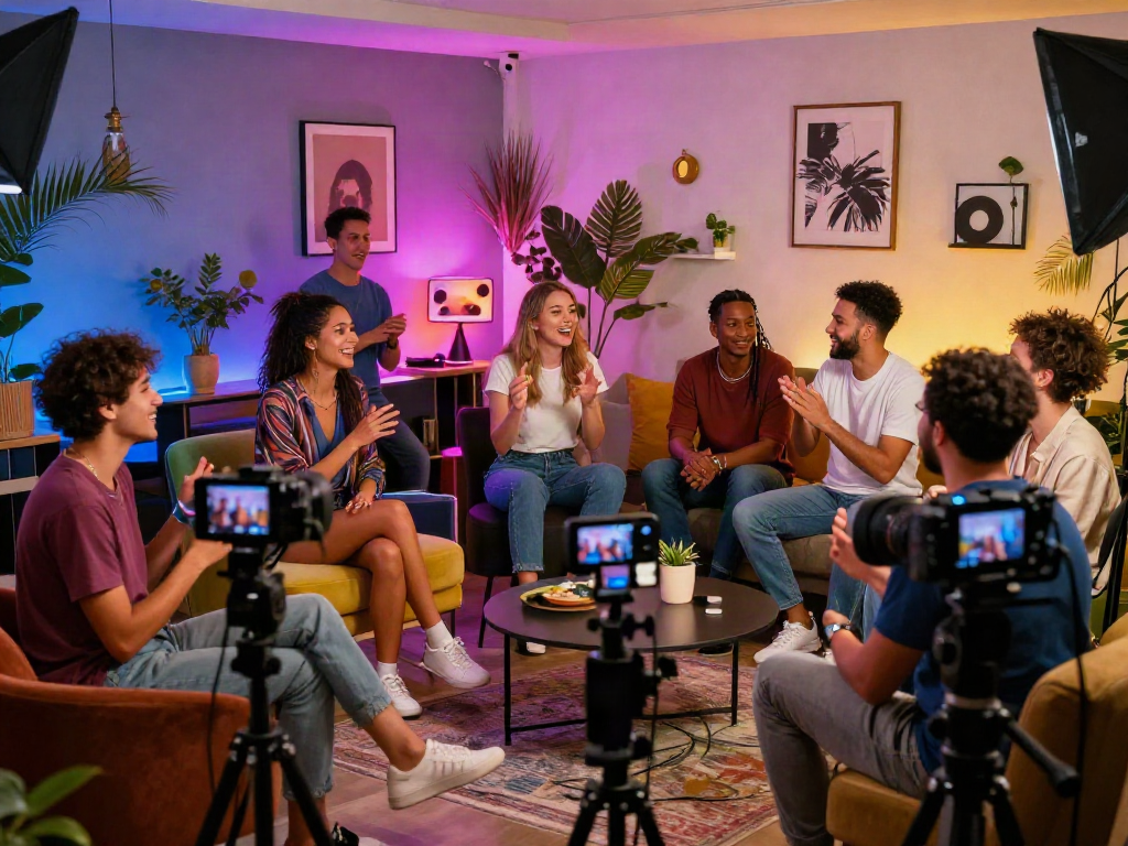 Dynamic live porn scene with diverse performers in an inviting, vibrant setting