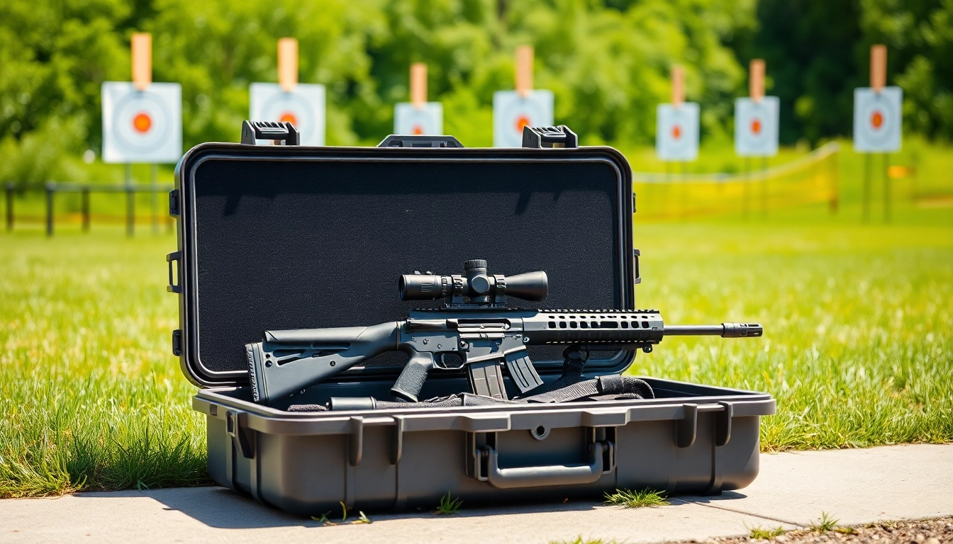 Showcase a pelican rifle case with rifles inside in a vibrant outdoor setting.
