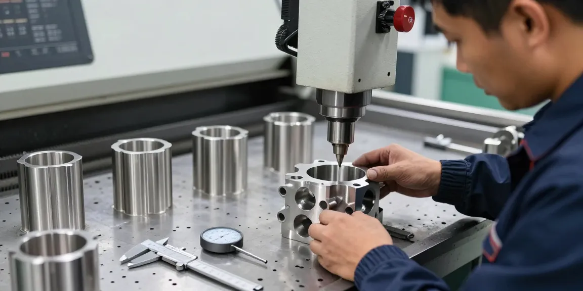 Machined stainless steel parts being fabricated in a modern CNC machining workshop by a skilled technician.