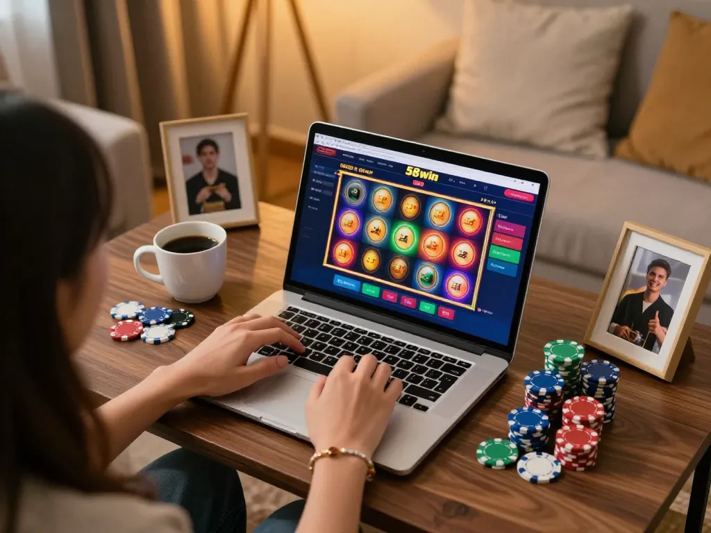 Player enjoying 58win online slots in a cozy home setting, engaging with lively game graphics.