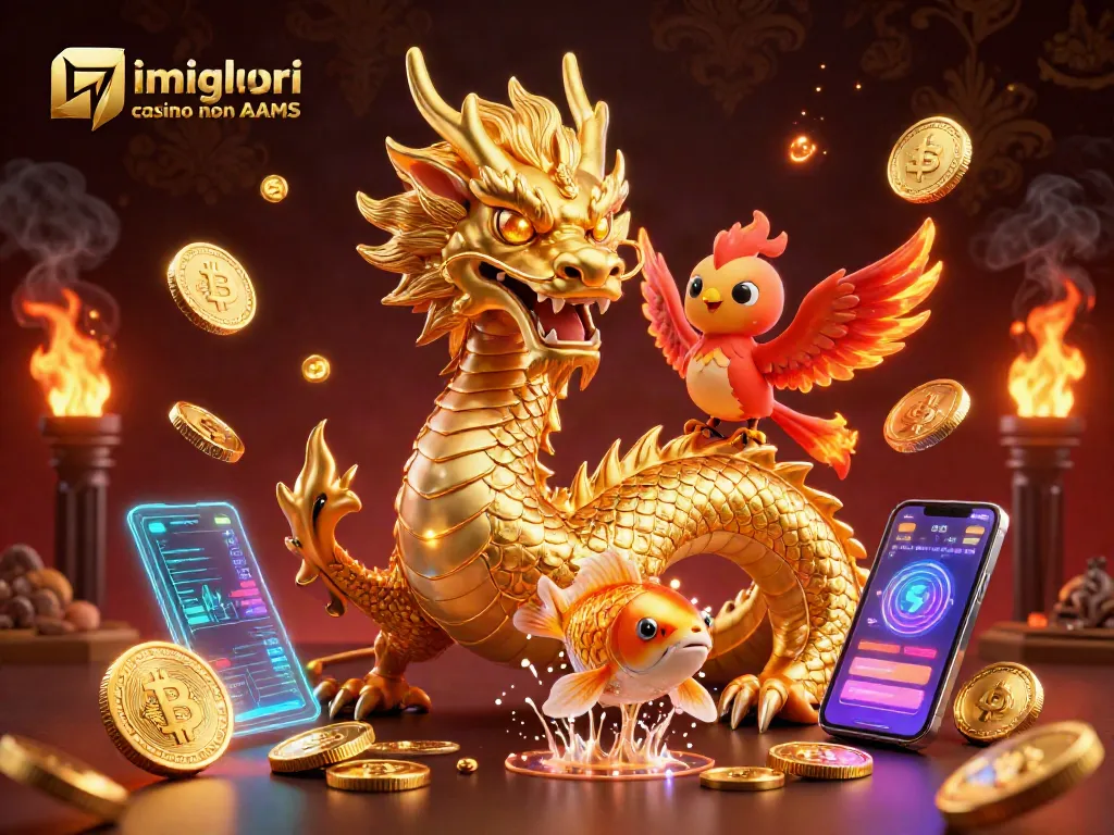 Scopri i migliori casino non AAMS con un drago d'oro, una fenice e un koi che saltano tra monete.