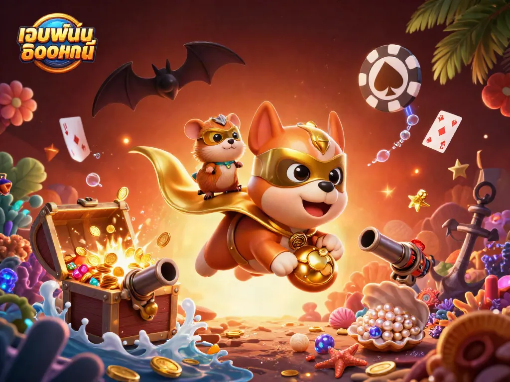 เล่นพนันออนไลน์ในภาพการ์ตูนน่ารักซึ่งมีสุนัขซูเปอร์ฮีโร่และแฮมสเตอร์